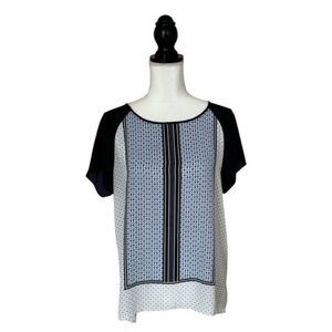 LOFT Mixed Print Blouse Blue White Short Sleeve Split Hem Top Size Medium